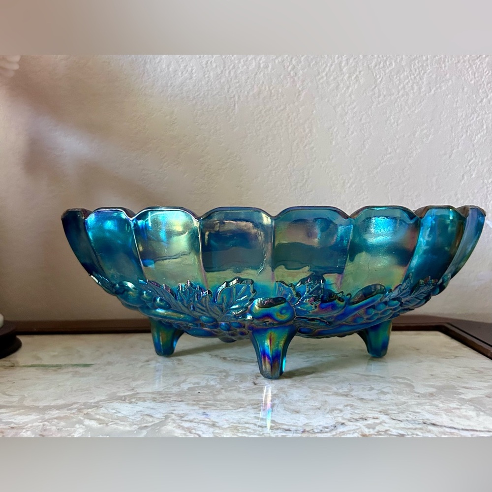 Vintage Indiana Blue Carnival Glass Footed Oval Bowl "Harvest Grape" Pattern